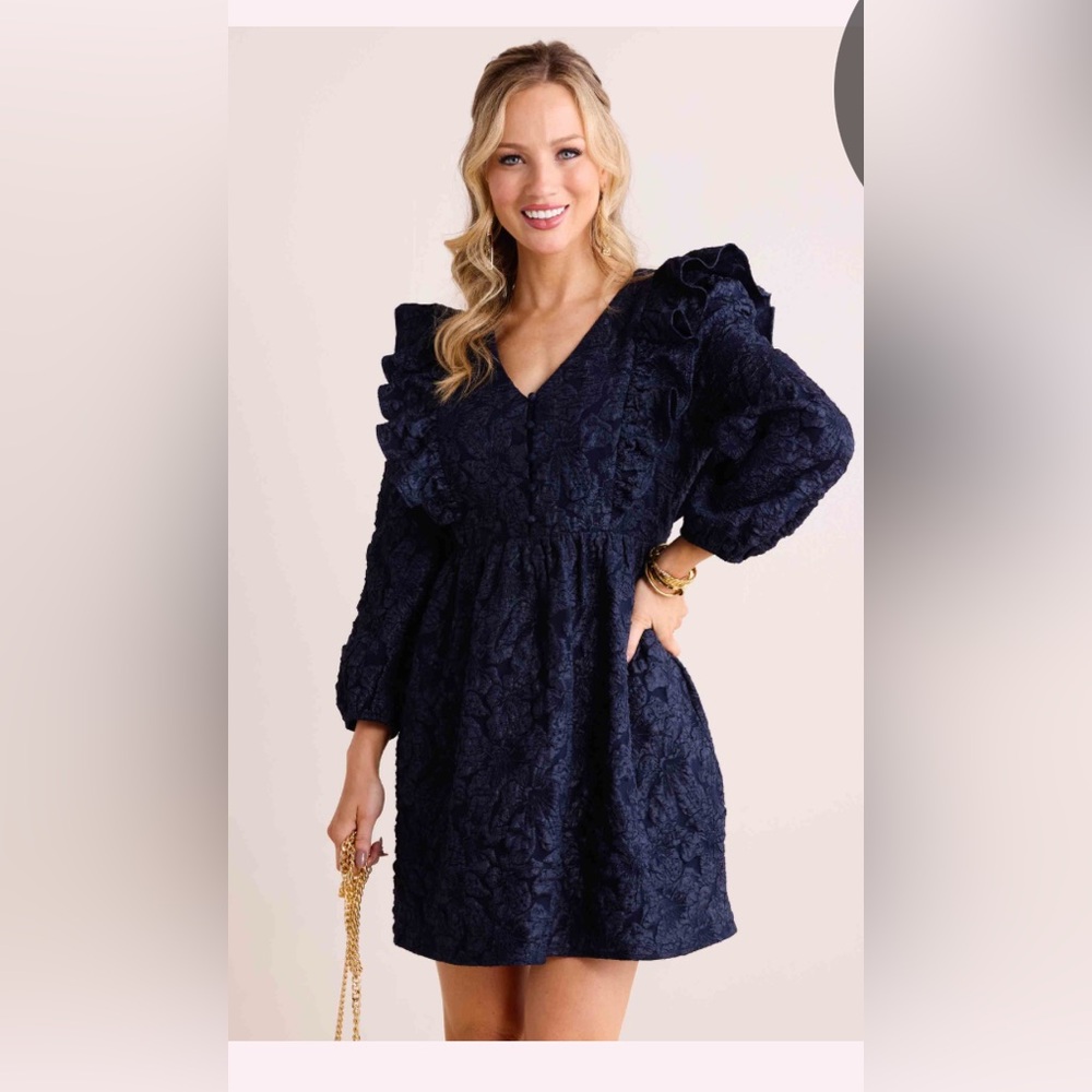 Avara Marlene Elegant Navy Blue Ruffle Dress NWT SZ XS